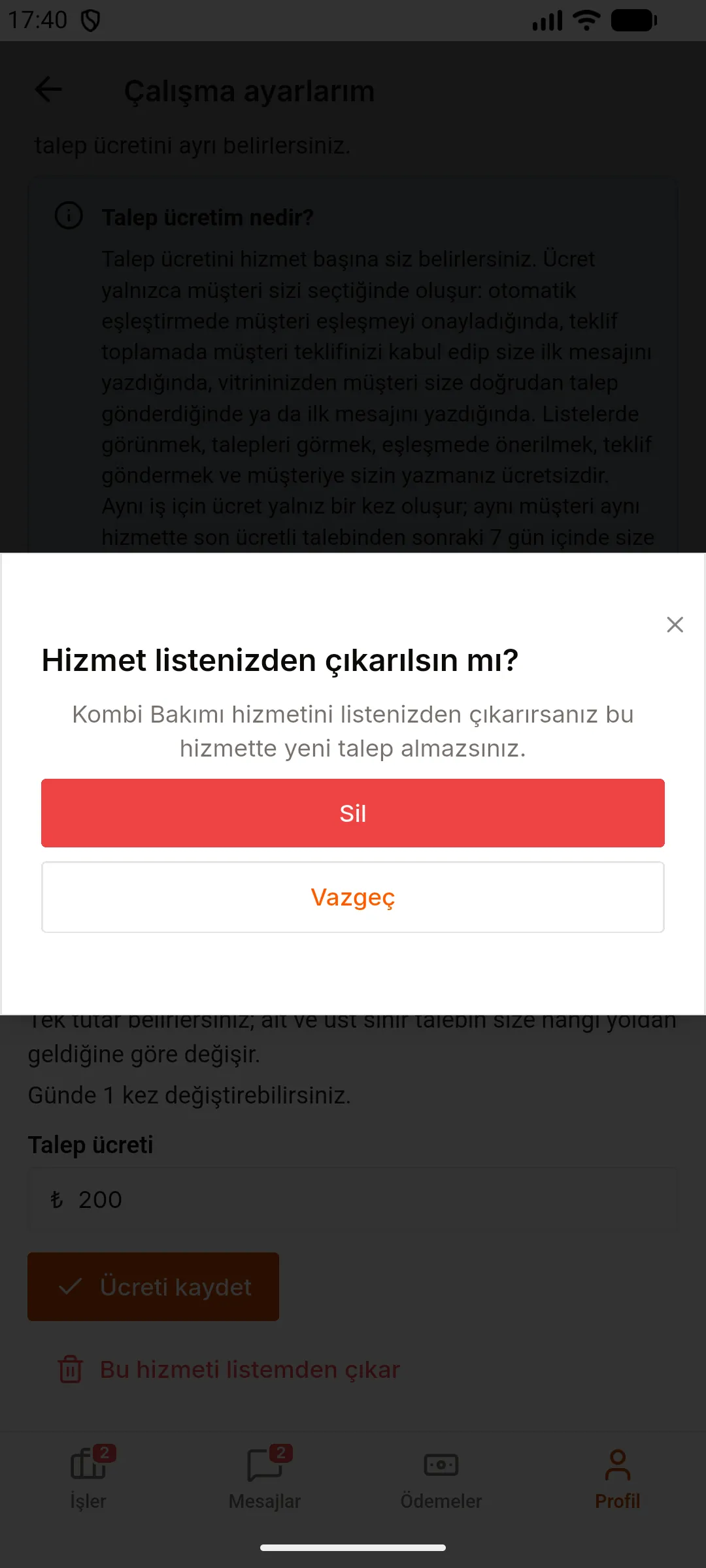 3. adım: Hizmeti listenizden çıkarın