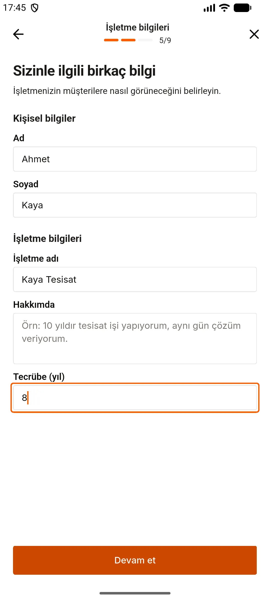 6. adım: Bilgilerinizi ve işyeri adresinizi girin