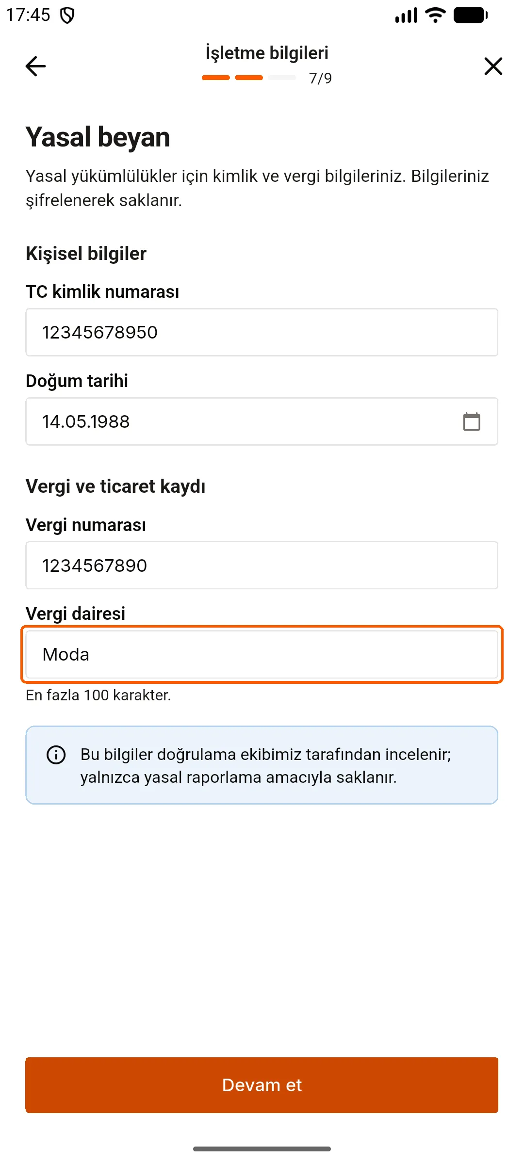 7. adım: Yasal beyanı doldurun
