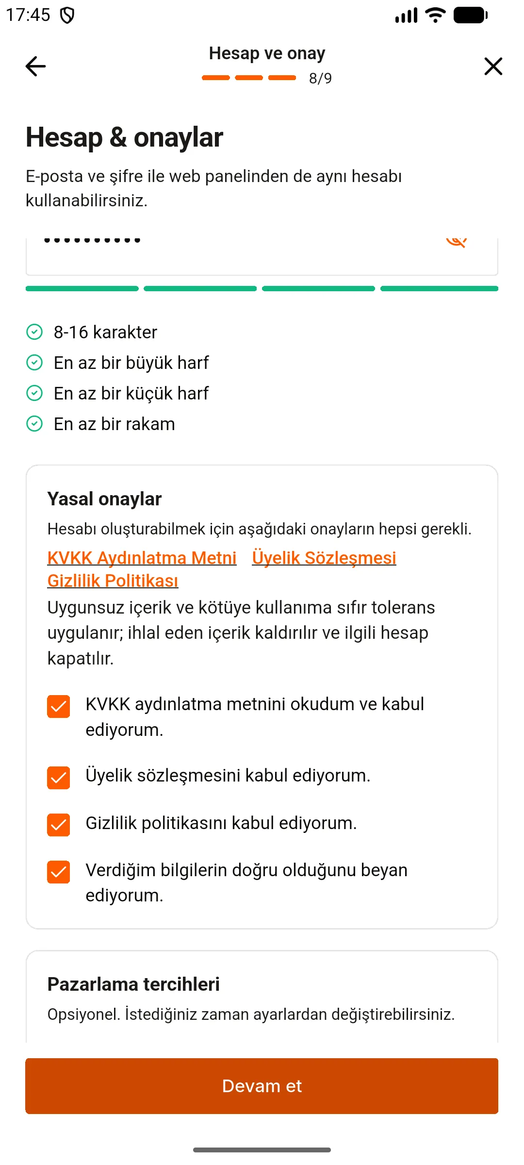 8. adım: Hesap bilgilerinizi ve onayları tamamlayın