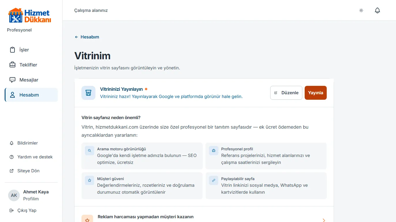 1. adım: Vitrinim sayfasını açın